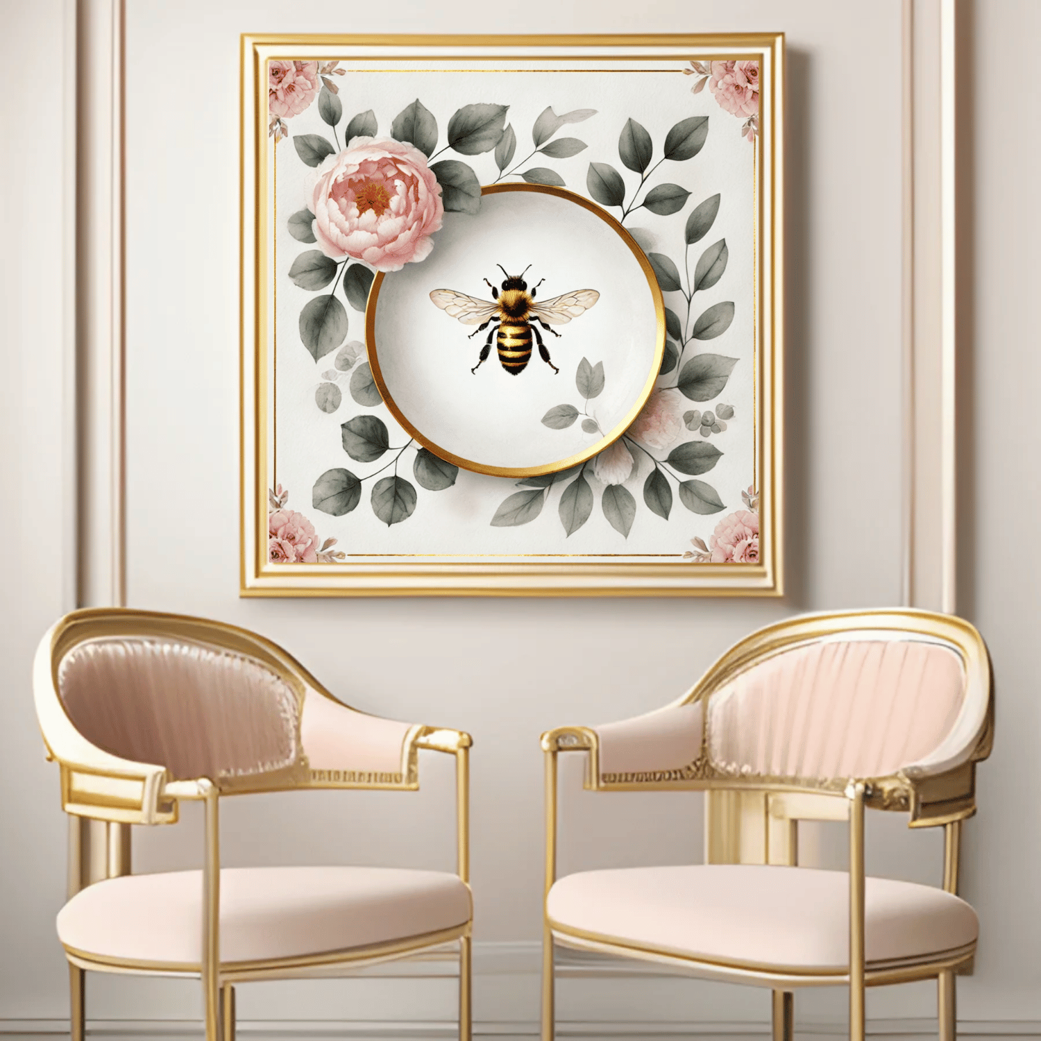 Peony Bloom & Golden Honey Bee Floral Wall Art | Kitchen Wall Art | Dining Room Wall Art | Vintage Wall Art