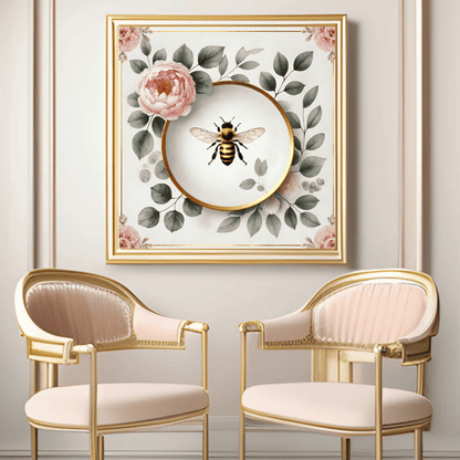 Peony Bloom & Golden Honey Bee Floral Wall Art | Kitchen Wall Art | Dining Room Wall Art | Vintage Wall Art
