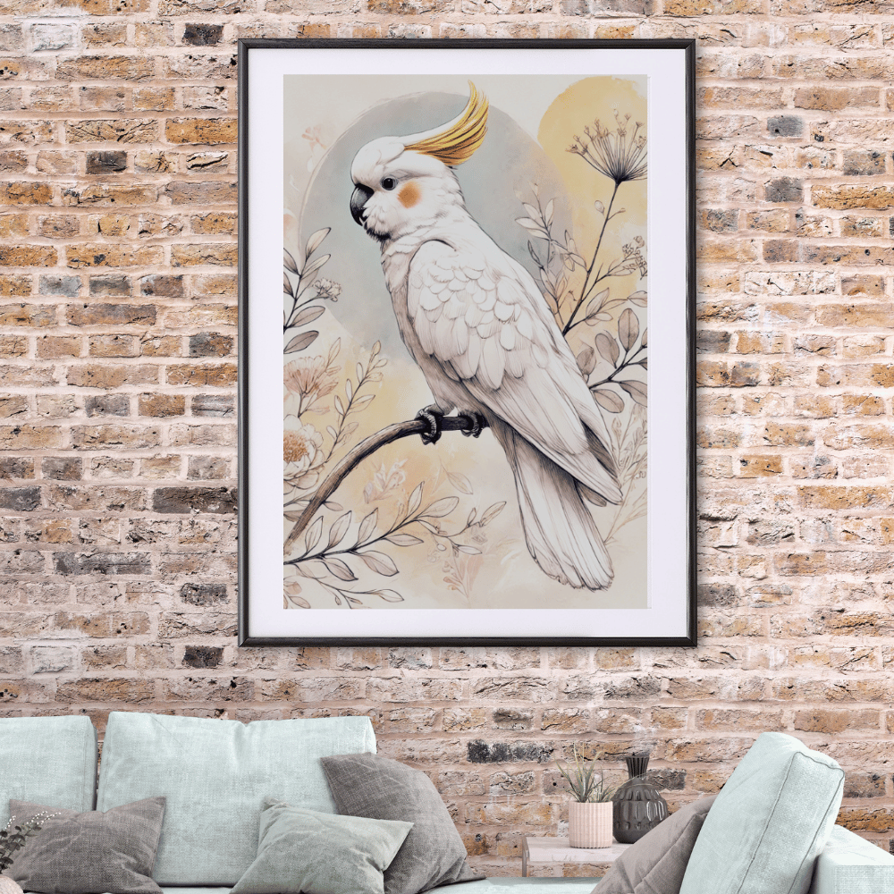 Golden Crest - Cockatoo Among Wildflowers – Australian Wildlife Canvas Wall Art Print Decor Framed Poster / 50x70 cm