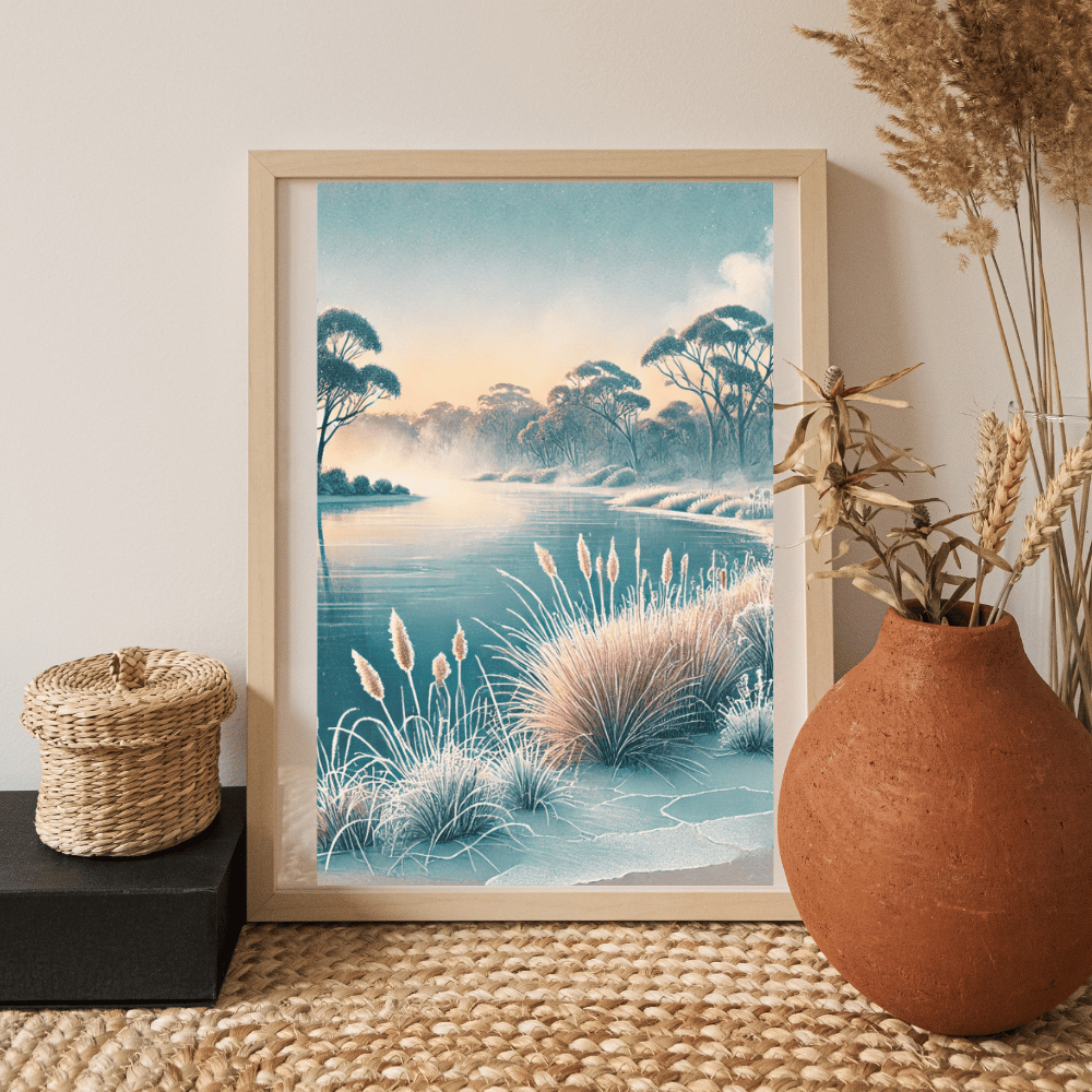 Winter River Glow - Trees Wild Grass Canvas Wall Art Print Decor Print Material