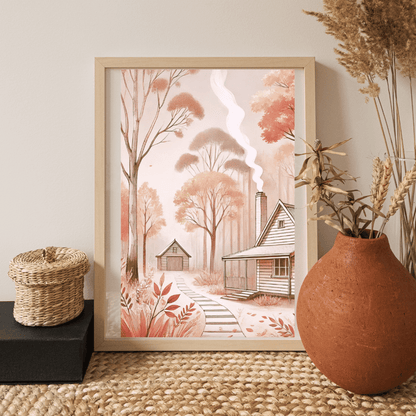 Autumn Retreat – Cabin Wildflowers Trees Botanical Autumn Canvas Wall Art Print Decor Poster with Hanger / 40x60 cm