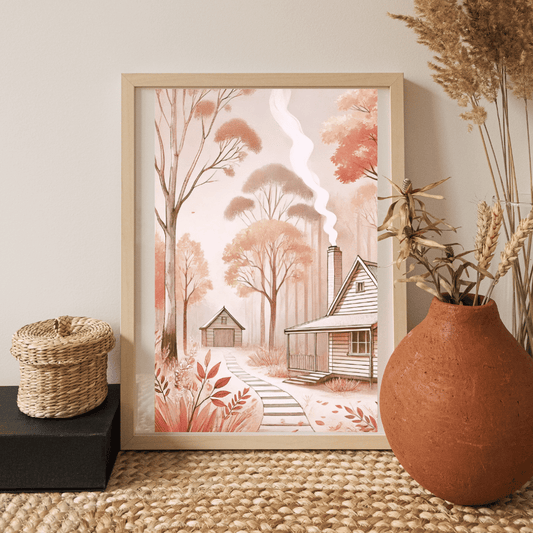 Autumn Retreat – Cabin Wildflowers Trees Botanical Autumn Canvas Wall Art Print Decor Poster with Hanger / 40x60 cm
