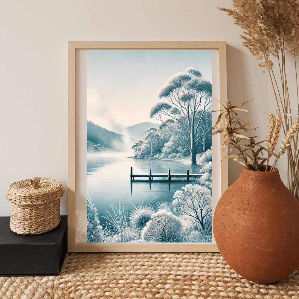 Frosted Stillness – Lake Trees Mountains Botanical Autumn Canvas Wall Art Print Decor Print Material