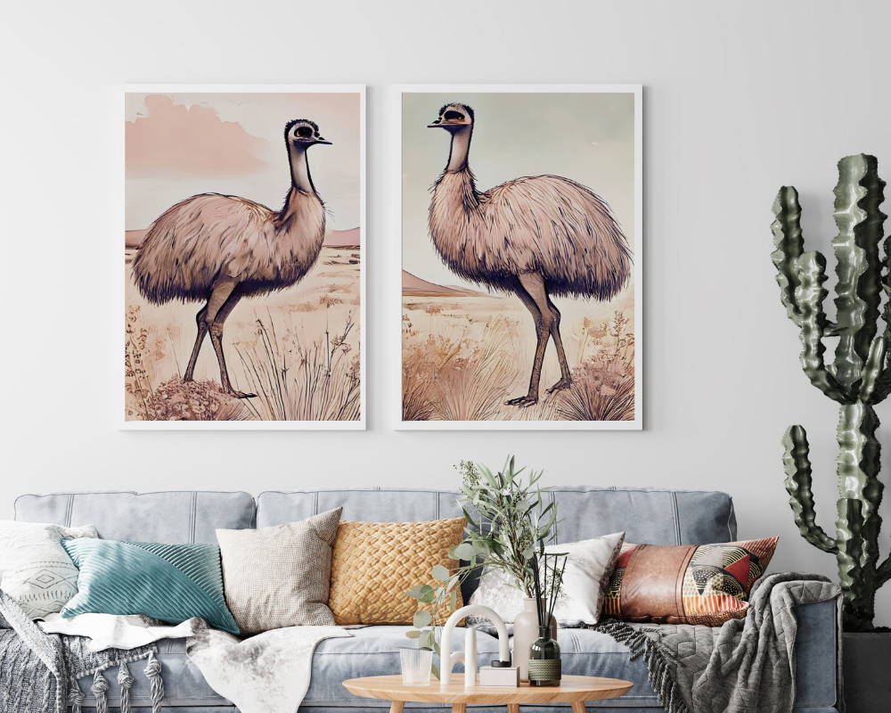 Emu In the Wild - Nursery Poster & Canvas Wall Art Set of 2 Print Material