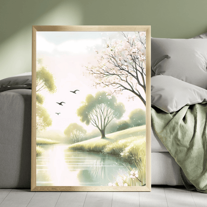 Tranquil Spring Riverside – Cherry Blossoms Birds Botanical Canvas Wall Art Print Deco Unframed Poster / 40x60 cm
