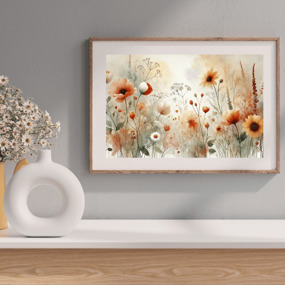 Golden Bloom Wild Flower Sunflower Poppies Floral Garden Wall Art Print Material