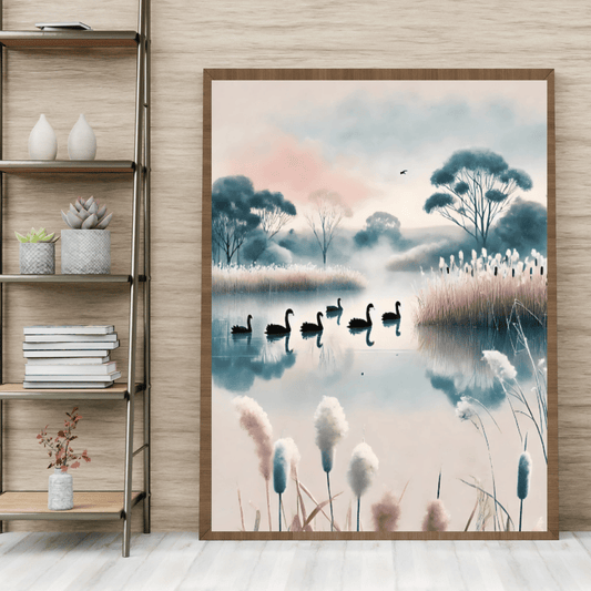 Winter Swans - Misty Waters Trees Wild Grass Winter Canvas Wall Art Print Decor Unframed Poster / 40x60 cm / 16x24″