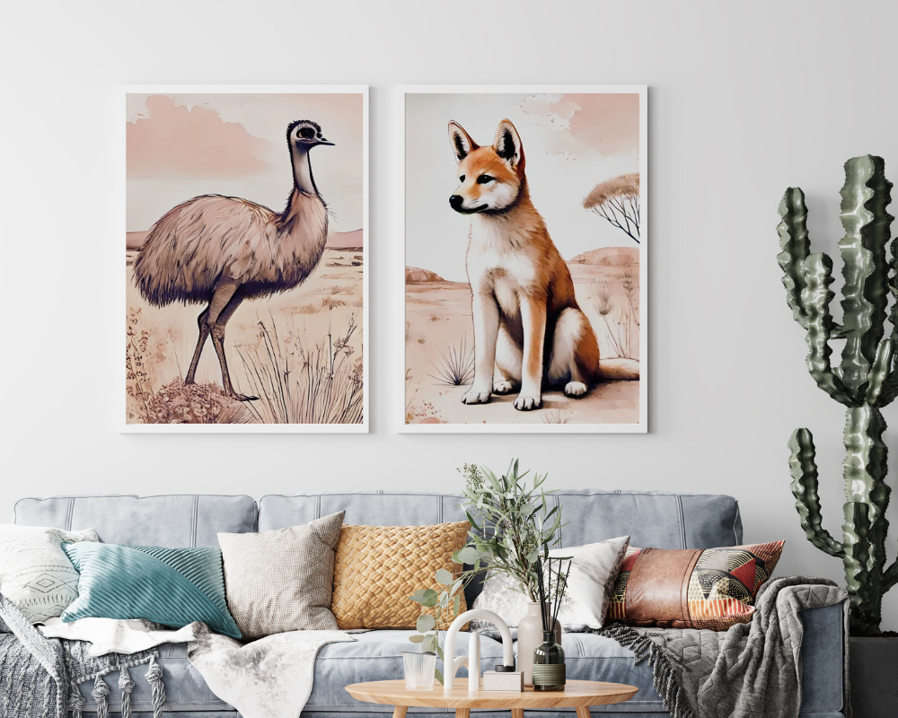 Outback Dingo & Emu- Nursery Poster & Canvas Wall Art Set of 2 Print Material