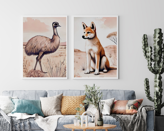 Outback Dingo & Emu- Nursery Poster & Canvas Wall Art Set of 2 Print Material