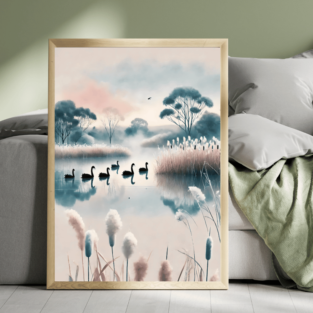 Winter Swans - Misty Waters Trees Wild Grass Winter Canvas Wall Art Print Decor Print Material