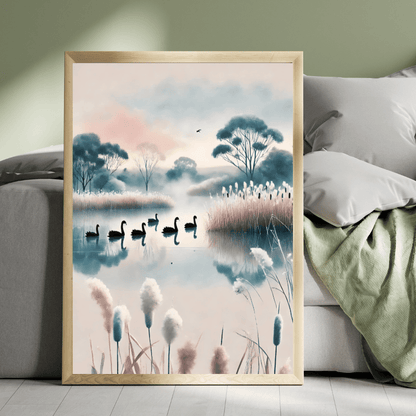 Winter Swans - Misty Waters Trees Wild Grass Winter Canvas Wall Art Print Decor Print Material