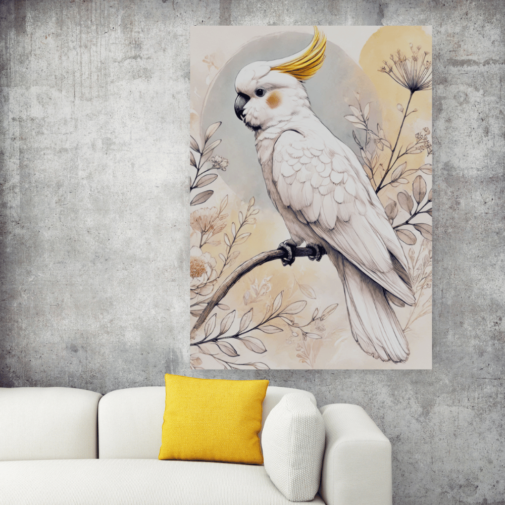 Golden Crest - Cockatoo Among Wildflowers – Australian Wildlife Canvas Wall Art Print Decor Stretched Canvas / 40x60 cm
