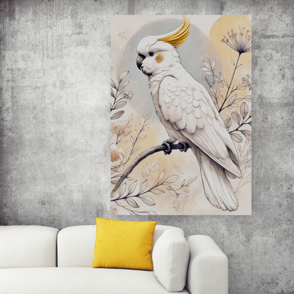 Golden Crest - Cockatoo Among Wildflowers – Australian Wildlife Canvas Wall Art Print Decor Stretched Canvas / 40x60 cm