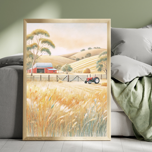 Country Harvest– Barn Wheat Fields Mountains Trees Botanical Autumn Canvas Wall Art Print Decor Unframed Poster / 40x60