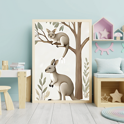 Australian Kangaroo Duo Minimalist Canvas Wall Art – Tree Kangaroo & Ground Kangaroo Print Decor Print Material