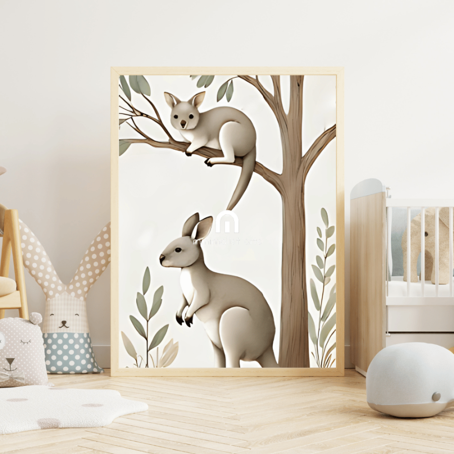 Australian Kangaroo Duo Minimalist Canvas Wall Art – Tree Kangaroo & Ground Kangaroo Print Decor Poster with Hanger