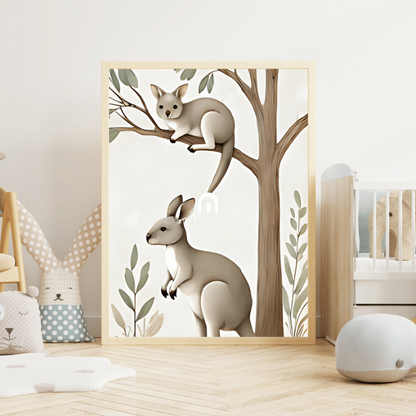 Australian Kangaroo Duo Minimalist Canvas Wall Art – Tree Kangaroo & Ground Kangaroo Print Decor Poster with Hanger