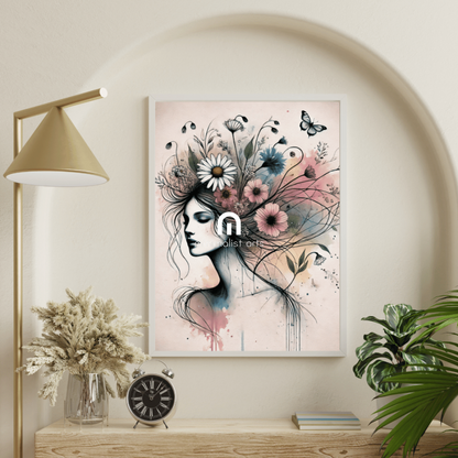 Blossoming Spirit Art Print Floral and Woman Wall Art Print Material