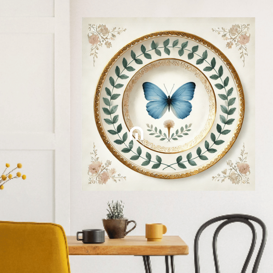 Blue Monarch and Laurel Butterfly Canvas Wall Art | Kitchen Wall Art | Dining Room Wall Art | Vintage Wall Art