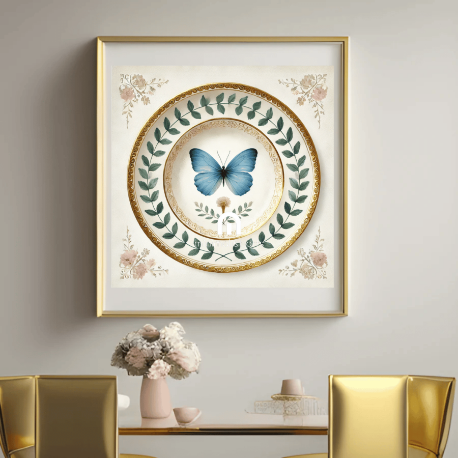 Blue Monarch and Laurel Butterfly Canvas Wall Art | Kitchen Wall Art | Dining Room Wall Art | Vintage Wall Art