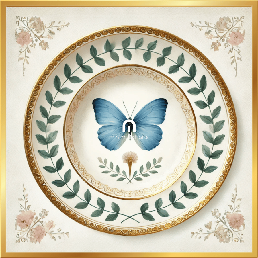 Blue Monarch and Laurel Butterfly Canvas Wall Art | Kitchen Wall Art | Dining Room Wall Art | Vintage Wall Art