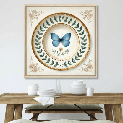 Blue Monarch and Laurel Butterfly Canvas Wall Art | Kitchen Wall Art | Dining Room Wall Art | Vintage Wall Art