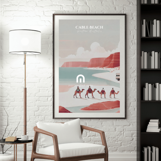 Cable Beach Camel Ride – Minimalist Watercolor Art Print Decor Print Material