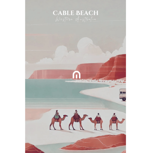 Cable Beach Camel Ride – Minimalist Watercolor Art Print Decor Print Material