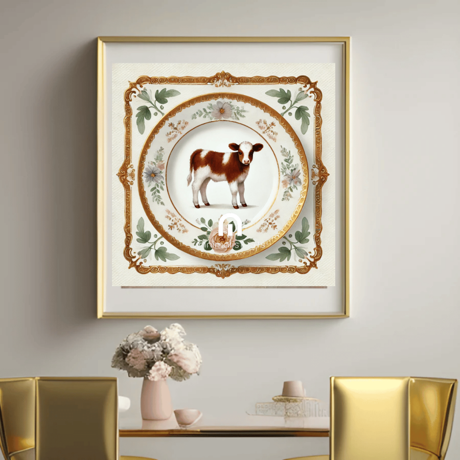 Calf & Bloom – Quirky Vintage Kitchen Dining Wall Art Canvas | Stretched & Framed | Cow Wall Art Canvas Wall Art