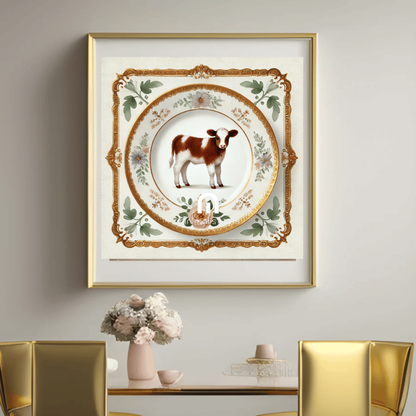 Calf & Bloom – Quirky Vintage Kitchen Dining Wall Art Canvas | Stretched & Framed | Cow Wall Art Canvas Wall Art