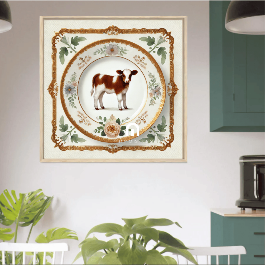 Calf & Bloom – Quirky Vintage Kitchen Dining Wall Art Canvas | Stretched & Framed | Cow Wall Art Canvas Wall Art