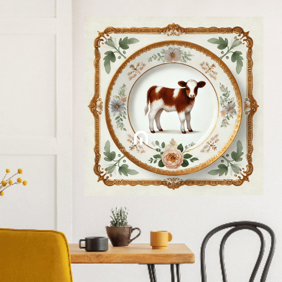 Calf & Bloom – Quirky Vintage Kitchen Dining Wall Art Canvas | Stretched & Framed | Cow Wall Art Canvas Wall Art