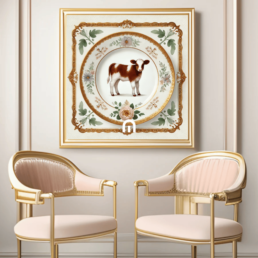 Calf & Bloom – Quirky Vintage Kitchen Dining Wall Art Canvas | Stretched & Framed | Cow Wall Art Canvas Wall Art