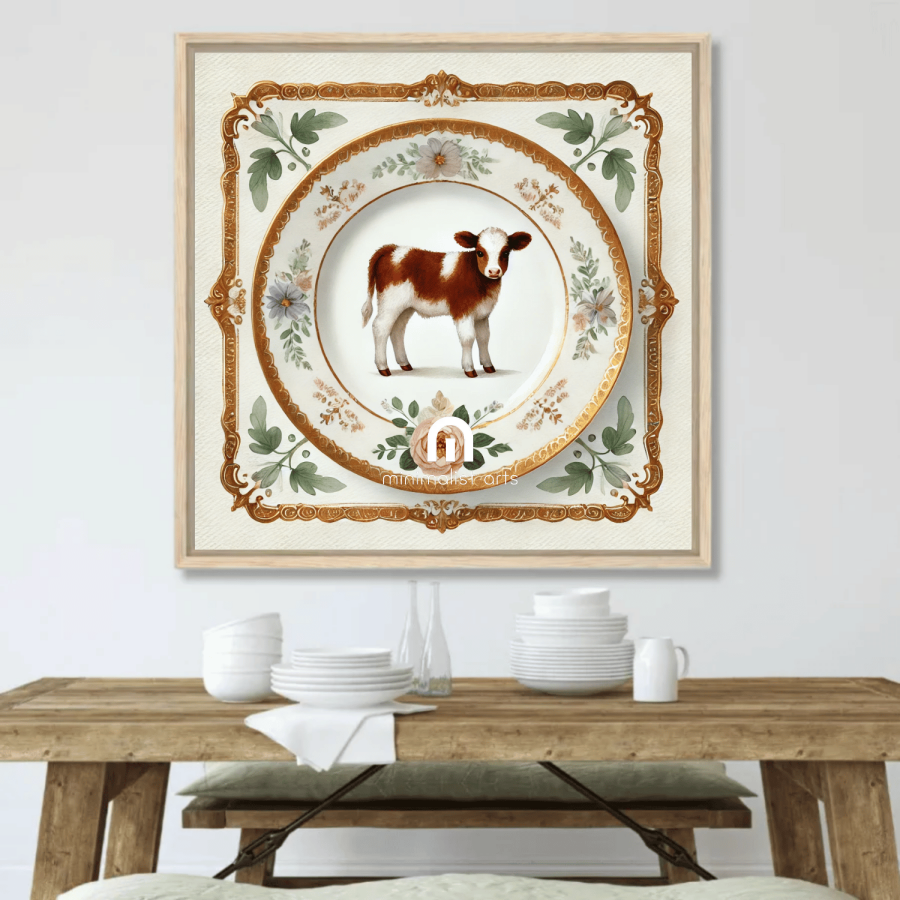 Calf & Bloom – Quirky Vintage Kitchen Dining Wall Art Canvas | Stretched & Framed | Cow Wall Art Stretched Canvas Slim