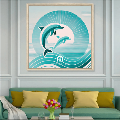 Dolphins in Harmony Framed Canvas Line Wall Art Print Material