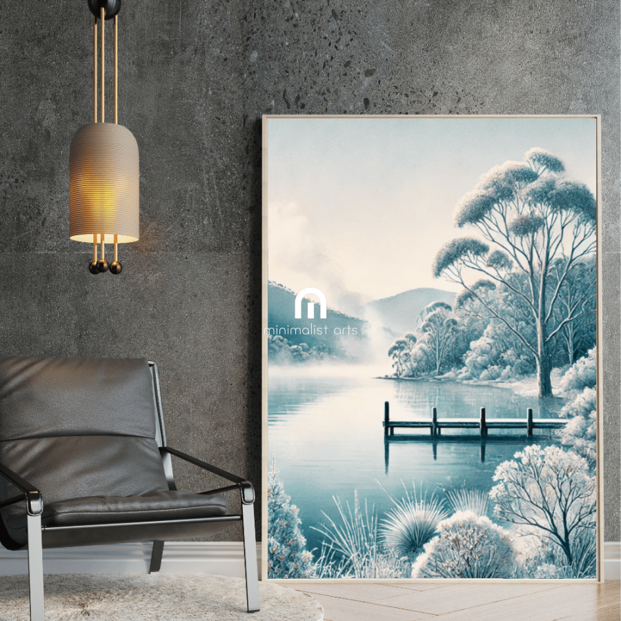 Frosted Stillness – Lake Trees Mountains Botanical Autumn Canvas Wall Art Print Decor Print Material