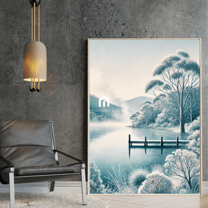 Frosted Stillness – Lake Trees Mountains Botanical Autumn Canvas Wall Art Print Decor Print Material