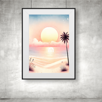Golden Horizon - Tropical Sunset Escape – Summer Canvas Wall Art Print Decor Poster with Hanger / 40x60 cm / 16x24″
