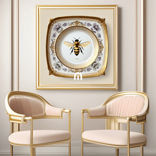 Golden Regal Bee and Violet Floral Canvas Wall Art | Kitchen Wall Art | Dining Room Wall Art | Vintage Wall Art