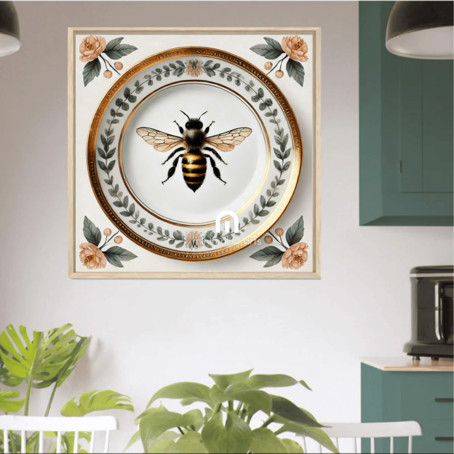 Heirloom Bee and Laurel Rim Floral Canvas Wall Art | Kitchen Wall Art | Dining Room Wall Art | Vintage Wall Art