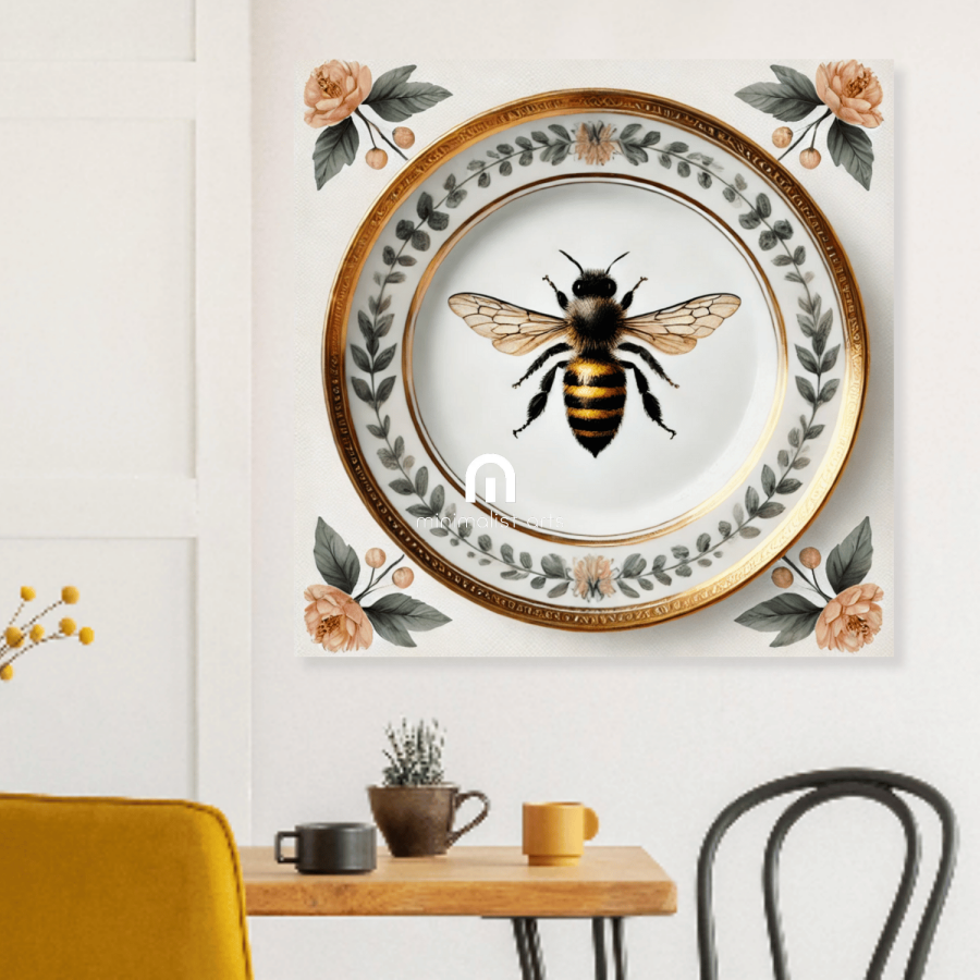 Heirloom Bee and Laurel Rim Floral Canvas Wall Art | Kitchen Wall Art | Dining Room Wall Art | Vintage Wall Art