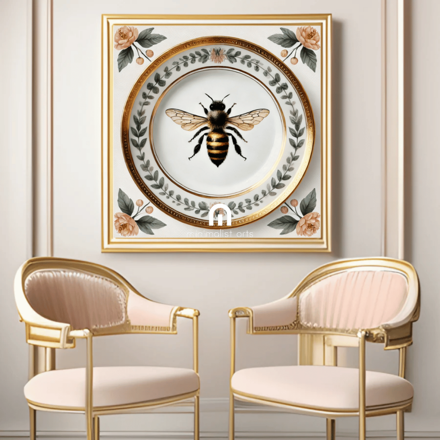 Heirloom Bee and Laurel Rim Floral Canvas Wall Art | Kitchen Wall Art | Dining Room Wall Art | Vintage Wall Art