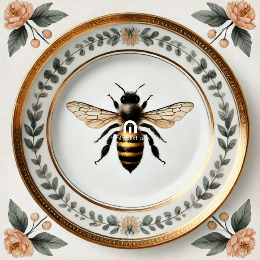 Heirloom Bee and Laurel Rim Floral Canvas Wall Art | Kitchen Wall Art | Dining Room Wall Art | Vintage Wall Art