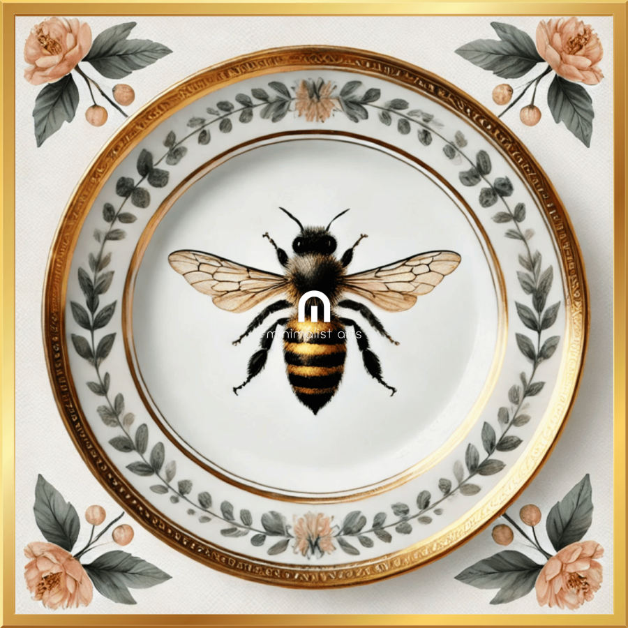Heirloom Bee and Laurel Rim Floral Canvas Wall Art | Kitchen Wall Art | Dining Room Wall Art | Vintage Wall Art