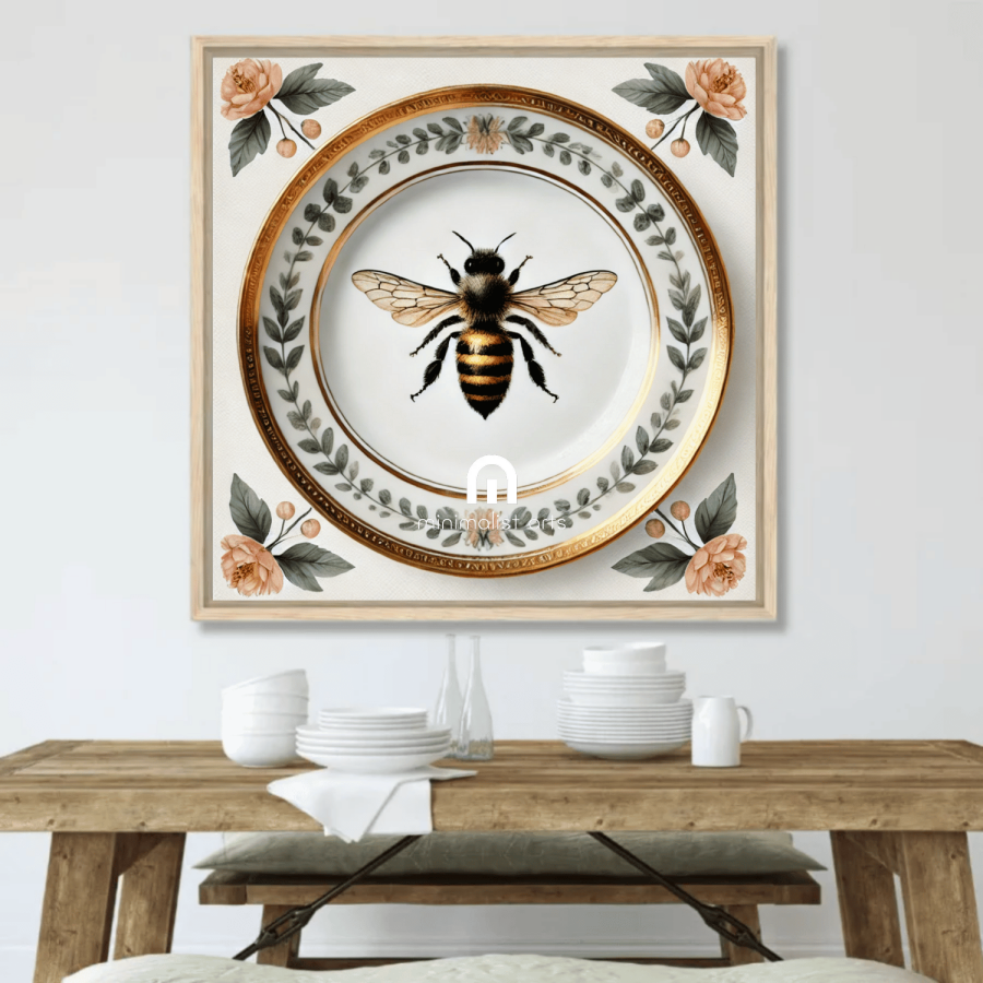 Heirloom Bee and Laurel Rim Floral Canvas Wall Art | Kitchen Wall Art | Dining Room Wall Art | Vintage Wall Art