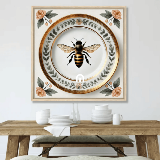 Heirloom Bee and Laurel Rim Floral Canvas Wall Art | Kitchen Wall Art | Dining Room Wall Art | Vintage Wall Art