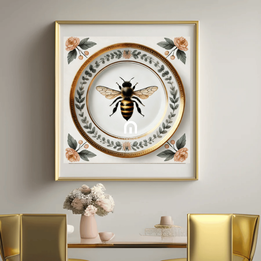 Heirloom Bee and Laurel Rim Floral Canvas Wall Art | Kitchen Wall Art | Dining Room Wall Art | Vintage Wall Art