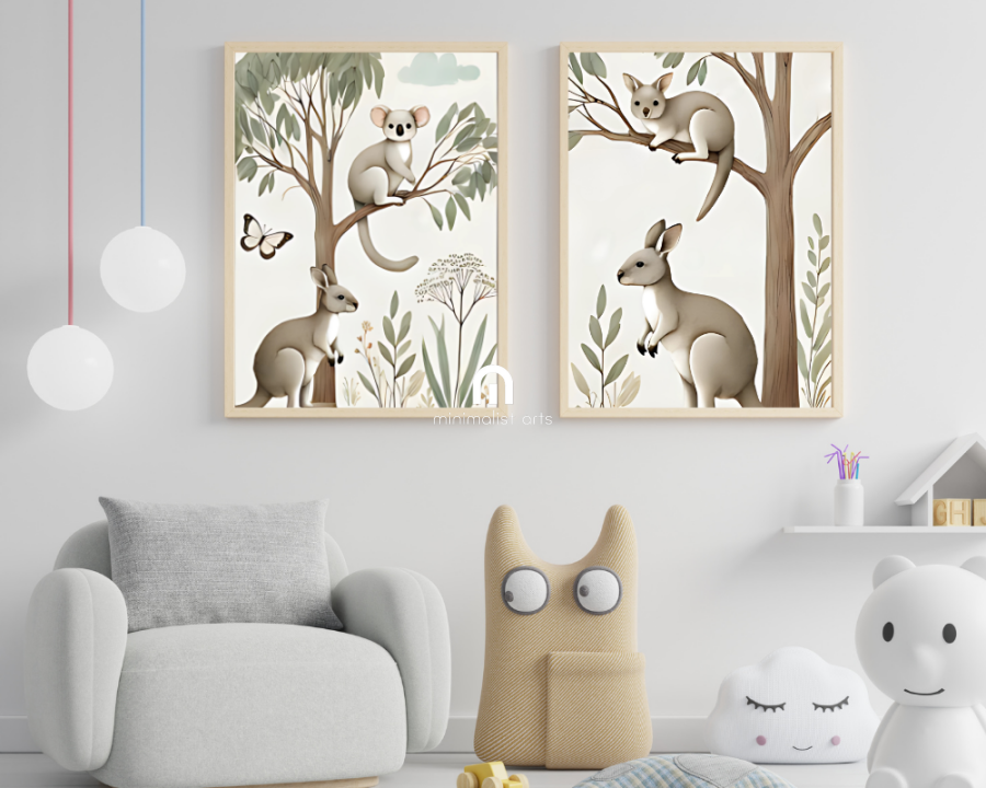 Koala and Kangaroo + Tree Kangaroo & Ground Kangaroo Nursery Wall Art Set of 2 Print Material