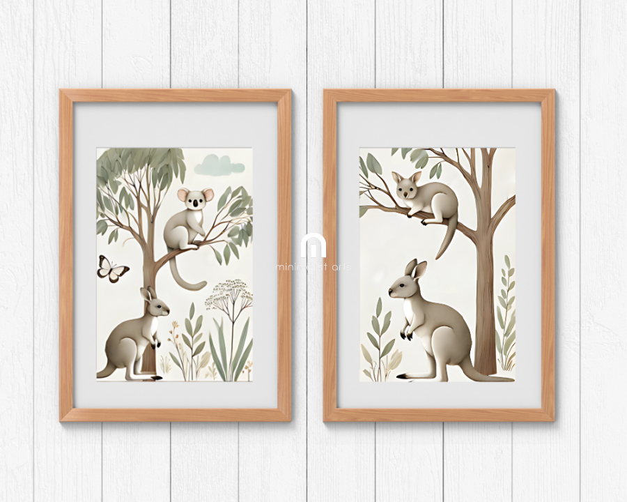 Koala and Kangaroo + Tree Kangaroo & Ground Kangaroo Nursery Wall Art Set of 2 Print Material