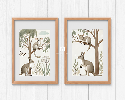 Koala and Kangaroo + Tree Kangaroo & Ground Kangaroo Nursery Wall Art Set of 2 Print Material